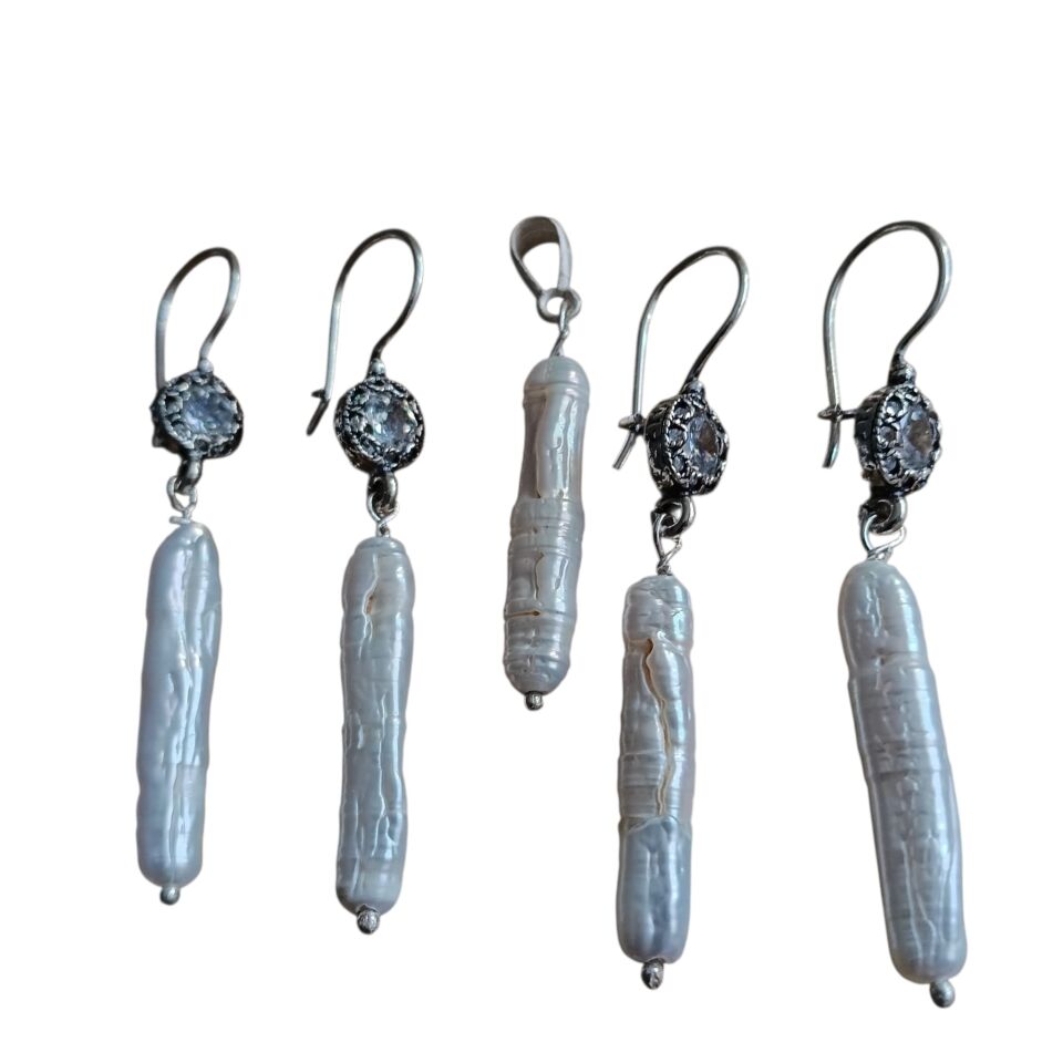 Barok Uzun İnci  Gümüş Zirkon Taşlı Küpeler